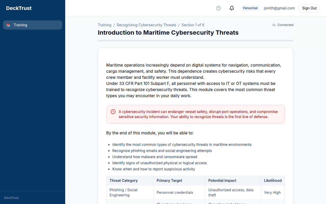 DeckTrust training module showing maritime cybersecurity threat content with structured learning objectives and threat category tables